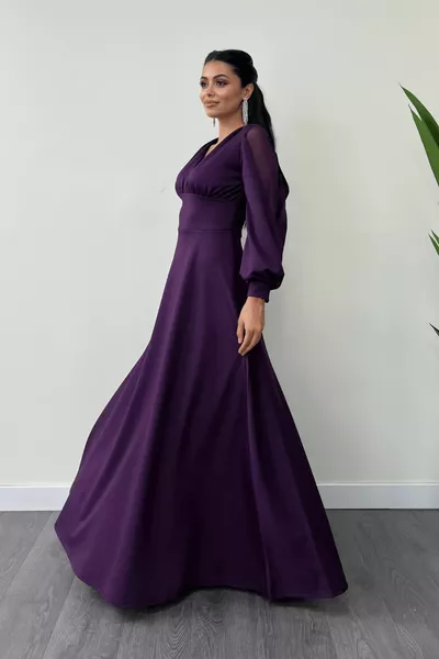 كريب قماش الأكمام تول مساء اللباس - الباذنجان الأرجواني