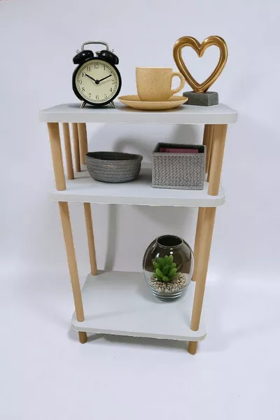 Witte Hoge Bijzettafel Nachtkastje 3-Lagen Draai- en Instelbaar Speciale Ontwerp Met Houten Poten