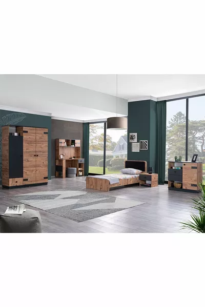 Chambre Jeune Milas - Armoire 3 Portes, Lit, Table de Chevet, Commode, Bureau