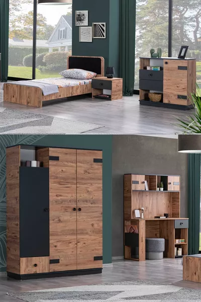 Chambre Jeune Milas - Armoire 3 Portes, Lit, Table de Chevet, Commode, Bureau