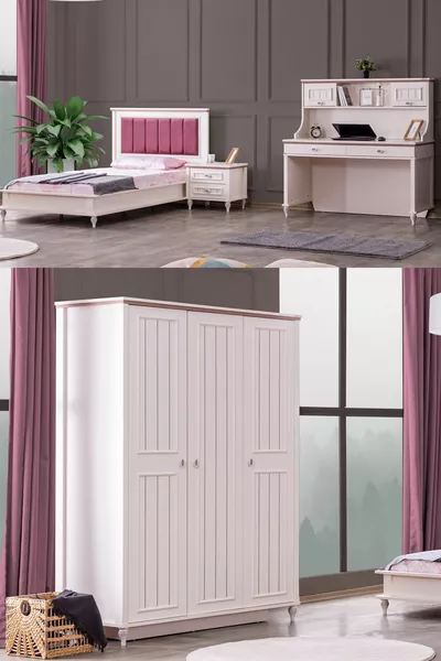 غرفة نوم إيزيجي للشباب، خزانة بثلاثة أبواب، سرير، طاولة بجانب السرير، مكتب