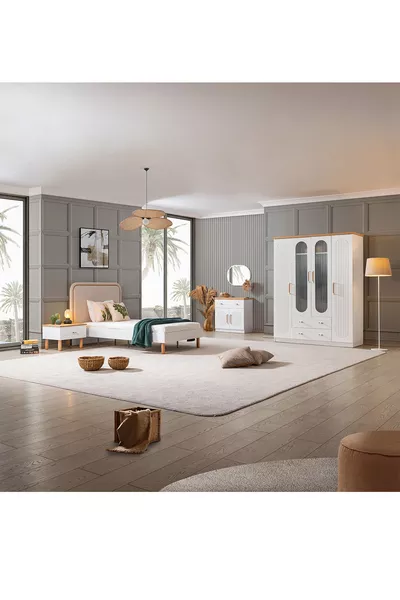 غرفة نوم فيتا بوهيم للشباب - خزانة بأربعة أبواب، سرير، كومودين، تسريحة