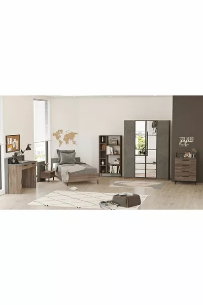 مجموعة غرفة نوم مراهق صغيرة من 6 قطع باللون البيج-البني -CG