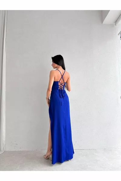 Abito midi blu a forma di corsetto con schiena bassa e profondo spacco e spalline sottili