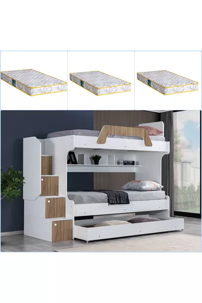 Bunk Bed, Inci Yavrulu Bunk Bed Walnut with 3 Comfort Mattresses