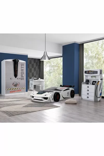 غرفة الأطفال - سرير بعجلات فنتو - دولاب بثلاثة أبواب، طاولة، كومودينو - أبيض