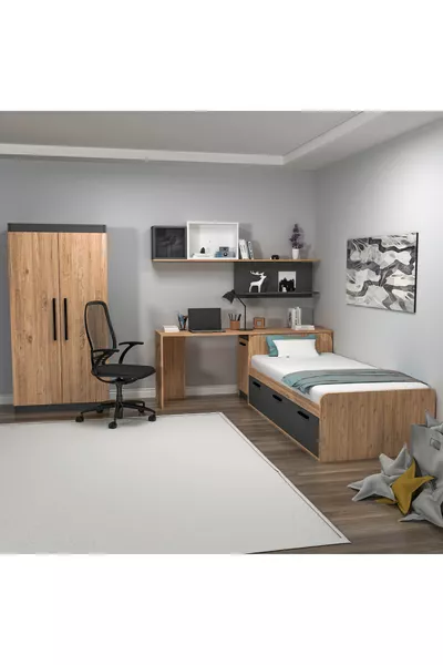 غرفة نوم شبابية أكسر 4 قطع - صنوبر أطلنطي أنثراسايت (مكتب عمل، سرير، خزانة، رف جداري)