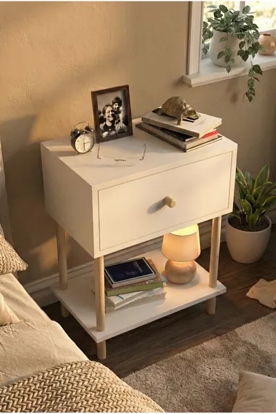 Düşer Kapaklı Raflı Modern Komodin Yatak Odası Başucu Düzenleyici Ahşap Ayaklı Yan Sehpa - Beyaz