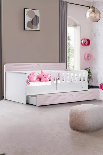 غرفة أطفال فلورا، سرير فلورا مع أدراج للأطفال، خزانة دولوناي ببابين + مكتبة - وردي