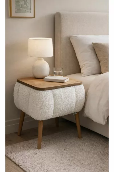 Lina Sandıklı Komodin, Teddy Kumaş Kaplamalı Ahşap Ayaklı Modern Komodin