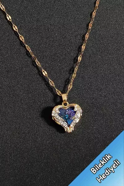 Collier pour femme en acier inoxydable avec pierre zircon dorée et pendentif cœur bleu