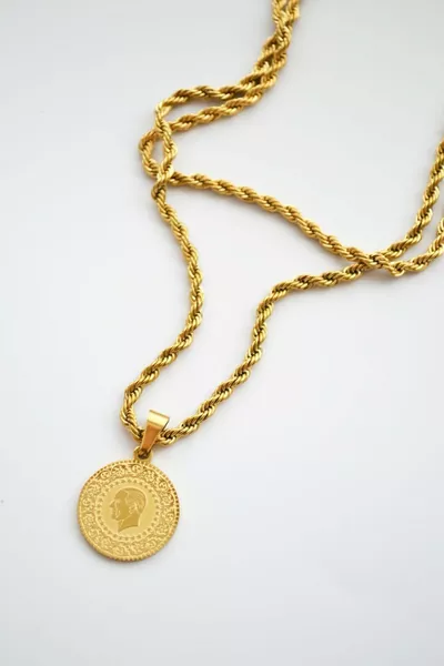 Collana in Acciaio con Rivestimento in Oro a Spirale, Corda Catena  cm, con Lira