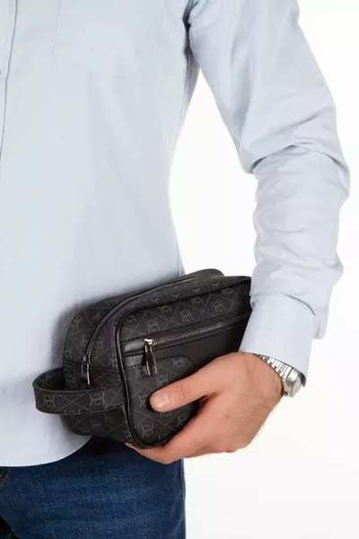 Men's Patterned Black Vegan Leather Portfolio-Clutch Shaving/Makeup and Handbag (DAILY, TRAVEL)