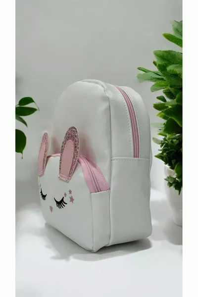 حقيبة ظهر مدرسية للبنات والأطفال الصغار باللون الأبيض مزينة برسم قطة لطيفة وحيوانات لامعة