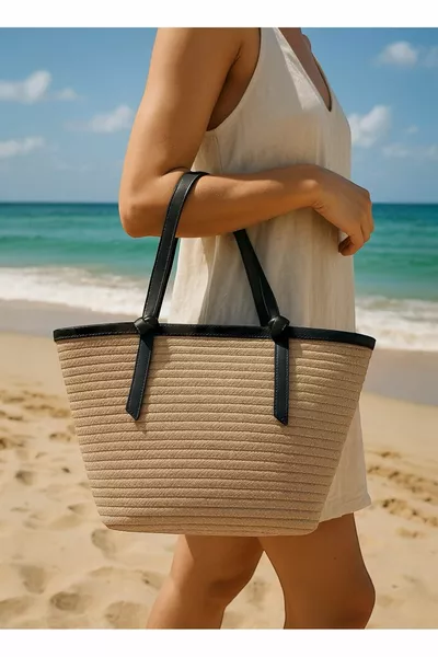 Women's Black Straw Detail Jute Rope Design Beach Bag