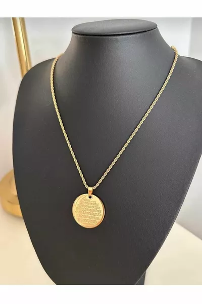 ÇELİK ALTIN KAPLAMA AYETEL KÜRSİ DUALI KOLYE BURGU ZİNCİRLİ ( CM)