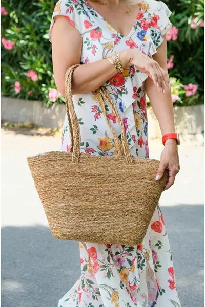 حقيبة يد نسائية من القش بسحّاب وحزام للكتف - حقيبة شاطئ  سم