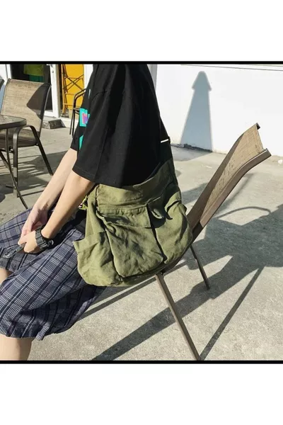 Harajuku Vintage Unisex Kargo Cep Iç Hacmi Geniş Haki Yeşil Postacı Çanta
