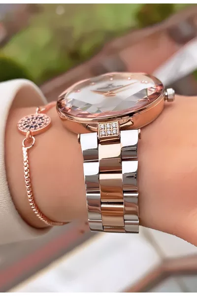 ساعة يد نسائية بزجاج مقطوع باللون الفضي الوردي - مع سوار كهدية