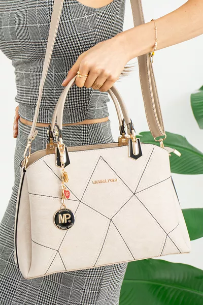 Women's Hand and Shoulder Bag with Cream Embroidery Detail