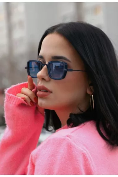 Women's Sunglasses Rectangular Design Ultra Durable Blue Metal Frame Blue Lenses