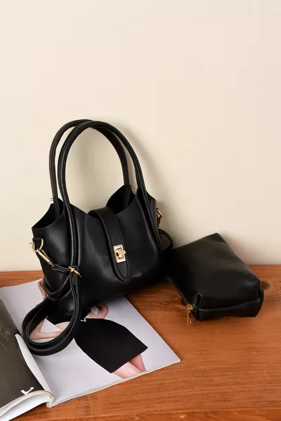 Elegant Faux Leather Women's Hand and Shoulder Bag with Double Straps, Metal Buckle, and Makeup Bag