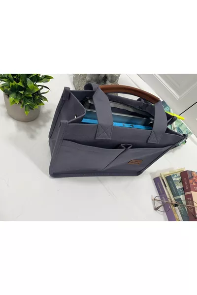 حقيبة كتف وحمل للنساء بلون رمادي من قماش الكانفاس، قطعتان، مع جيب أمامي مطبوع