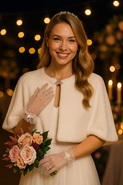 Премиум кожух с брошка, ето за булка, булчинско болеро, болеро за сватбена рокля, булчински шал, булчински кожух, вечерен шал, слонова кост