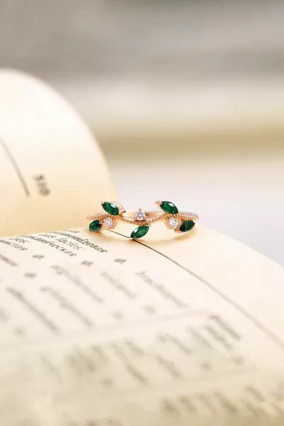 Ivy with Stones Green Stone K Rose Gold Plated Adjustable Women's Ring