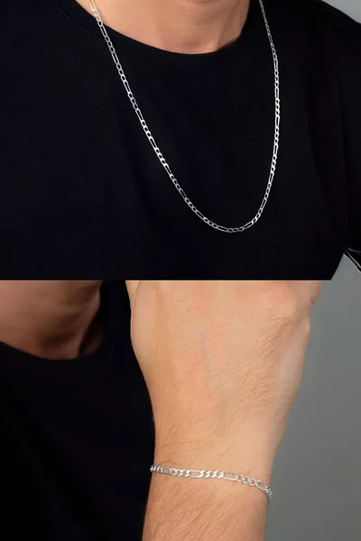 2mm Figaro  Sterling Silver Men’s Chain Necklace and Bracelet Set 