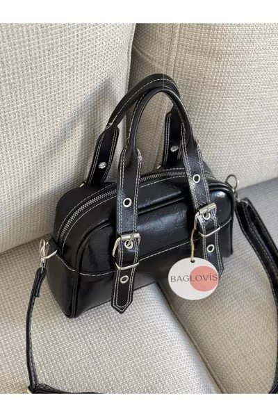 BLACK WOMEN'S SHOULDER BAG WITH ADJUSTABLE STRAPS AND BUCKLE DETAIL  