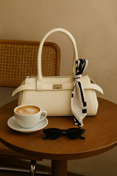 Borsa crema da mano e a spalla con dettaglio a lucchetto e foulard in omaggio