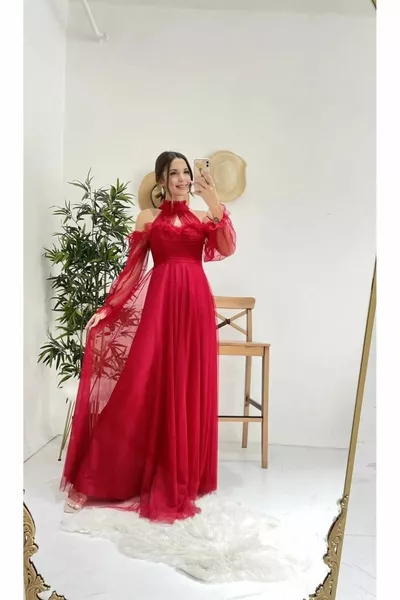 WOMEN'S TULLE SLEEVES DRAPED EVENING DRESS WITH ELASTIC DETAIL