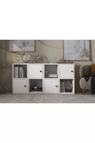 Dört Kapaklı Raflı Beyaz Şifonyer Çıtasız -ç