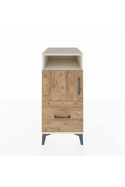 خزانة جانبية كرونوس مع رفين، درج واحد، باب واحد، حجر القمر-صنوبر