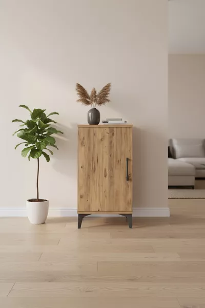 Aura Nachtkastje met 2 Planken en 1 Deur dennen-dennen | Nachtkastje met hoge poot