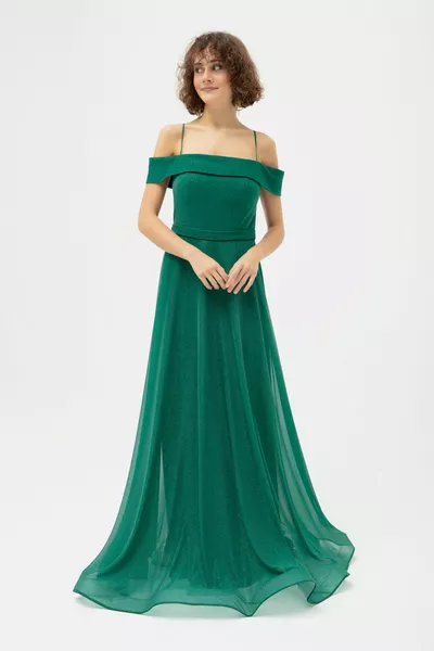 Damen Smaragdgrün Dünner Riemen U-Boot-Ausschnitt Glitzer Langes Abendkleid