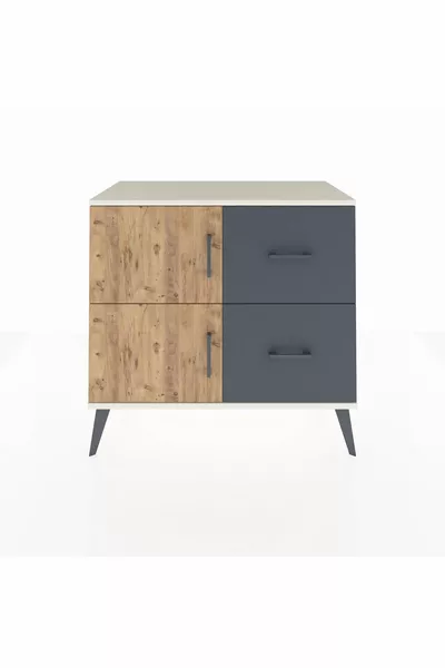 Commode Hyperion à une étagère, 2 tiroirs, 2 portes, Pierre de Lune-Pin/Anthracite