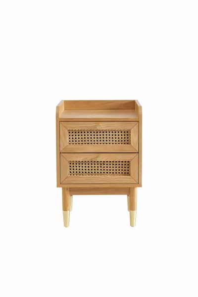 Bombong Solid Wood Wicker Nightstand with Two Drawers