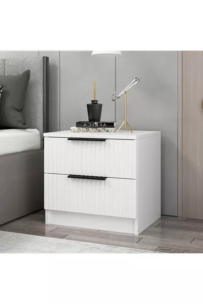 Gestreifte Membran Doppel-Schubladen-Nachttisch - Weiß