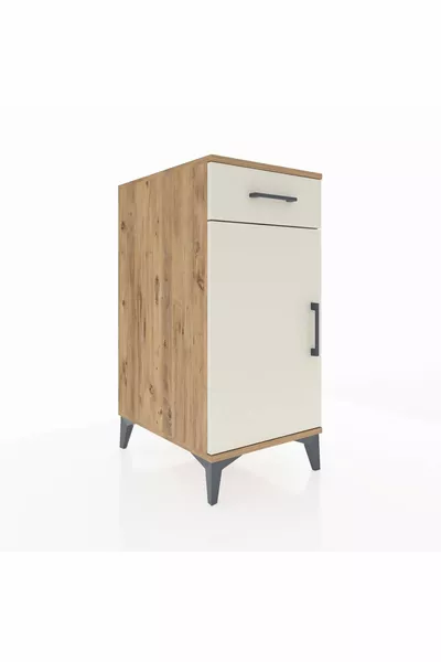 Kronos Nachtkastje met 2 Planken, 1 Lade en 1 Deurtje, Dennenhout-Tijgersteen