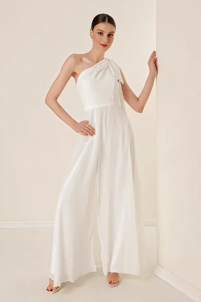 Pulpayet Collar One Shoulder Top Chiffon Crêpe Jumpsuit
