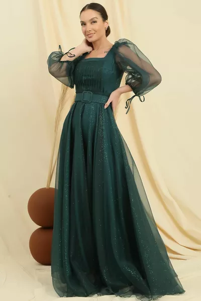 Ballonärmel Taillengürtel Gefüttert Glitzer Dahlia Stoff Langes Kleid