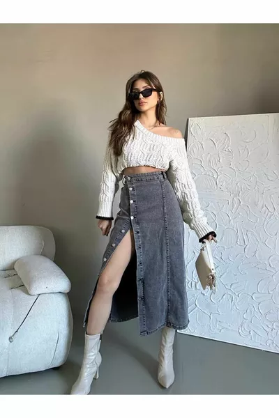 المرأة الجبهة أزرار ماكسي الحجم الأسود الثلج غسل أنثراسايت اللون ليكرا الدنيم تنورة