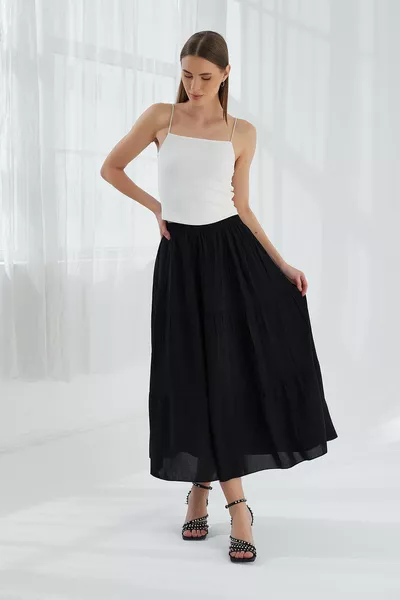 Langer Damenrock mit Rüschen Schwarz