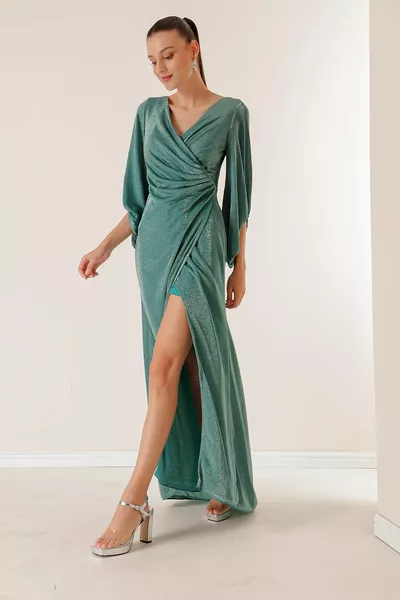 Kruvaze Yaka Önü Drapeli Astarlı Simli Uzun Elbise