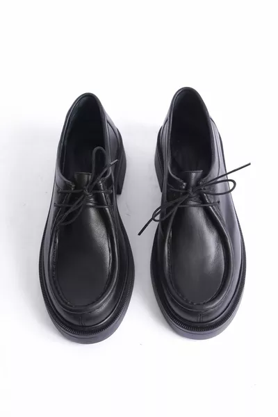 Genuine Leather Black Women's Lace-Up Loafer Shoes