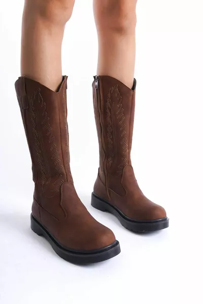 Тен матови бродирани западни каубойски дамски ботуши с цип