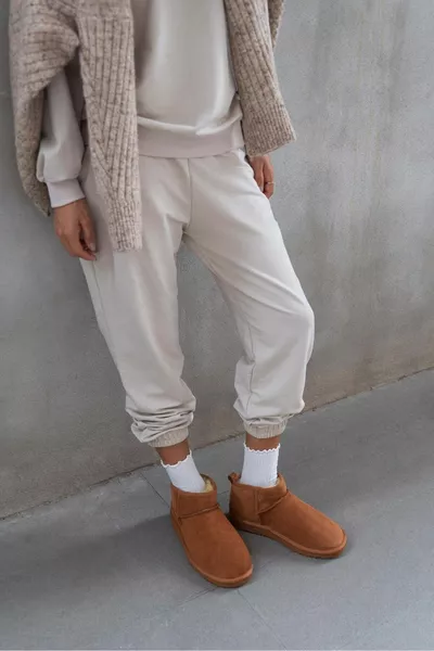 Mini Tan Vera Pelle Scamosciata Suola Piatta Pelliccia Stivali Da Donna