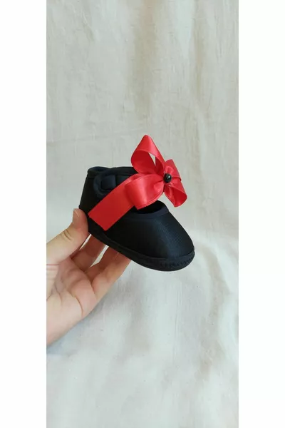 Newborn Baby Girl Black Booties with Red Bow / Baby Shower Gift / Mevlüt Shoes